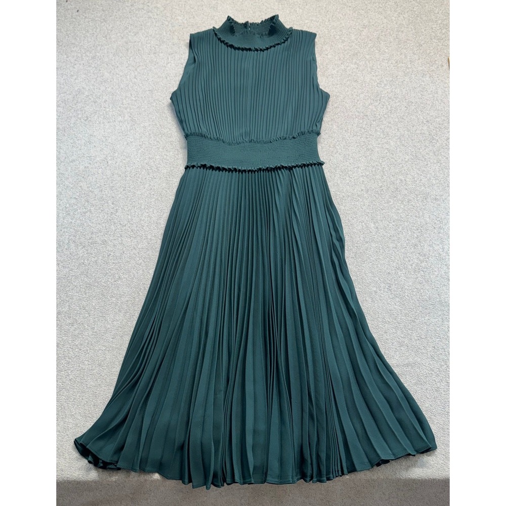 Nanette Lepore Womens 8 Green Pleated Midi Dress Smocked Waist Mock Neck Party
